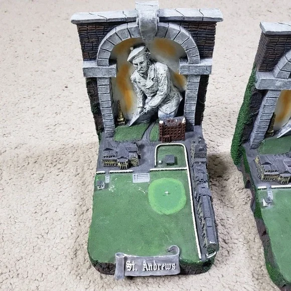 Vintage St. Andrews Golf Large Heavy Resin Bookends Pair Decorative Statue